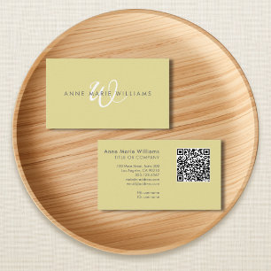 Carte De Visite Code QR Monogramme Moderne Chartreuse Blanc Script