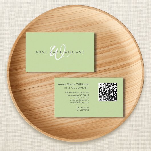 Carte De Visite Code QR Monogramme Moderne Vert Clair Blanc