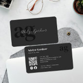 Carte De Visite Code QR Monogramme Noir Blanc Script Réseaux Socia