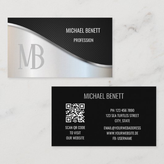 Carte De Visite Code QR | Monogramme noir en acier (Devant / Derrière)