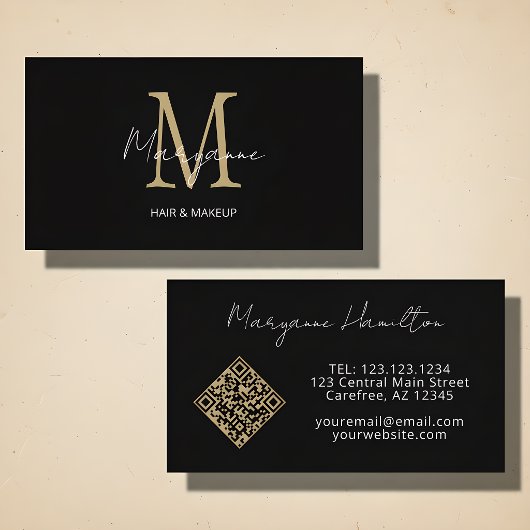 Carte De Visite Code QR monogramme noir or