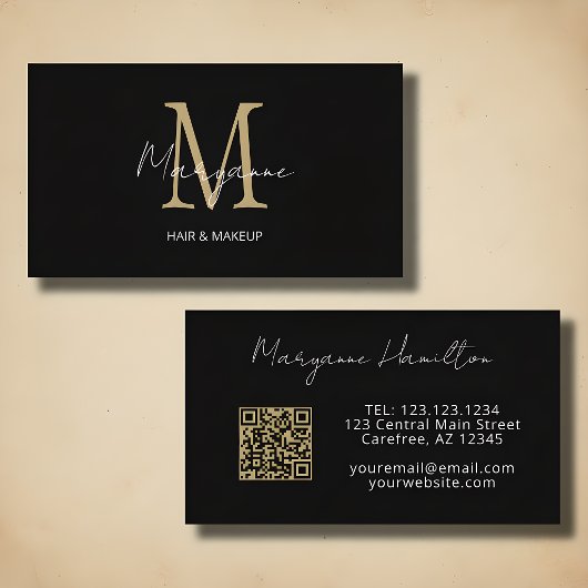 Carte De Visite Code QR monogramme noir or