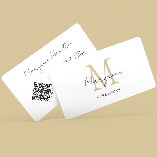 Carte De Visite Code QR monogrammé or blanc