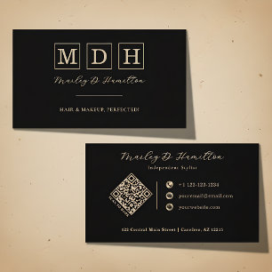 Carte De Visite Code QR Monogramme Or Noir Élégant