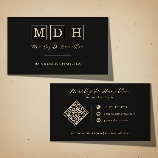 Carte De Visite Code QR Monogramme Or Noir Élégant