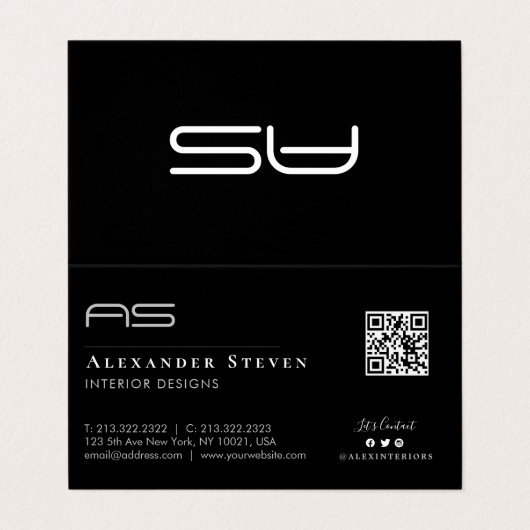 Carte De Visite Code QR monogramme professionnel noir (Extérieur déplié)