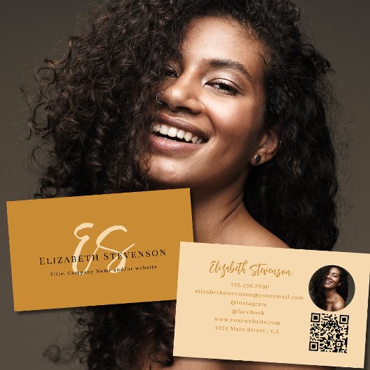 Carte De Visite Code QR Monogramme Script Photo Marron Tan Girly  