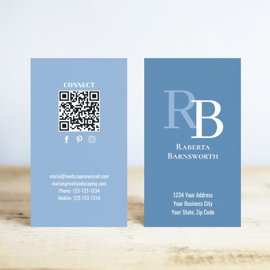 Carte De Visite Code QR Monogramme Simple Bleu | Entrez en Contact
