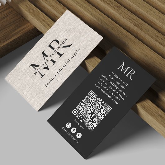 Carte De Visite Code QR Monogramme Simple Faux Burlap Noir & Blanc