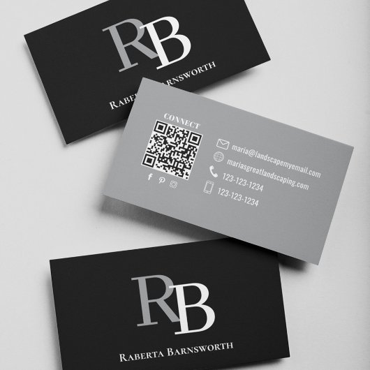 Carte De Visite Code QR Monogramme Simple Noir | Entrez en contact