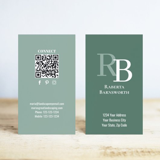 Carte De Visite Code QR Monogramme Simple Vert | Entrez en Contact