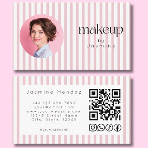 Carte De Visite Code QR MUA Photo Stripe Rose Pâle Icônes Sociales