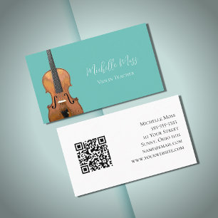 Carte De Visite Code QR musical Violon Enseignant Turquoise Vert