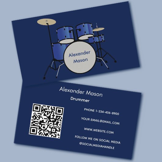 Carte De Visite Code QR Musicien Professionnel Batteur Bleu
