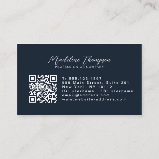 Carte De Visite Code QR Navy Blue Metallic Gold Monogram Script (Dos)