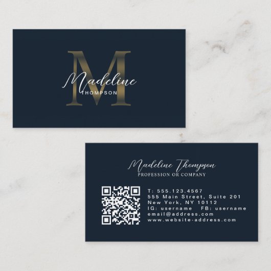 Carte De Visite Code QR Navy Blue Metallic Gold Monogram Script (Devant / Derrière)