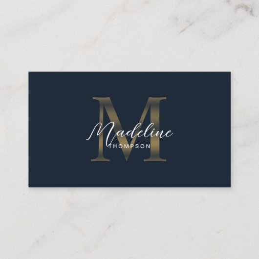 Carte De Visite Code QR Navy Blue Metallic Gold Monogram Script (Devant)
