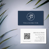 Carte De Visite Code QR Navy Blue Yoga Instructeur Om Symbole