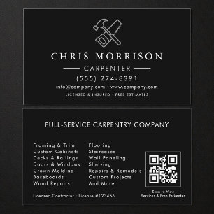 Carte De Visite Code QR noir argenté Construction Charpentier