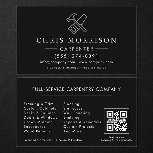 Carte De Visite Code QR noir argenté Construction Charpentier