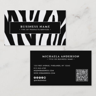 Carte De Visite Code QR Noir & Blanc Imprimé Zèbre Moderne & Résea