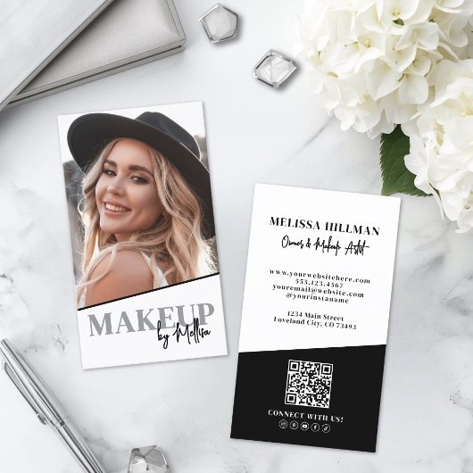 Carte De Visite Code QR Noir Blanc Photo Maquillage Vertical