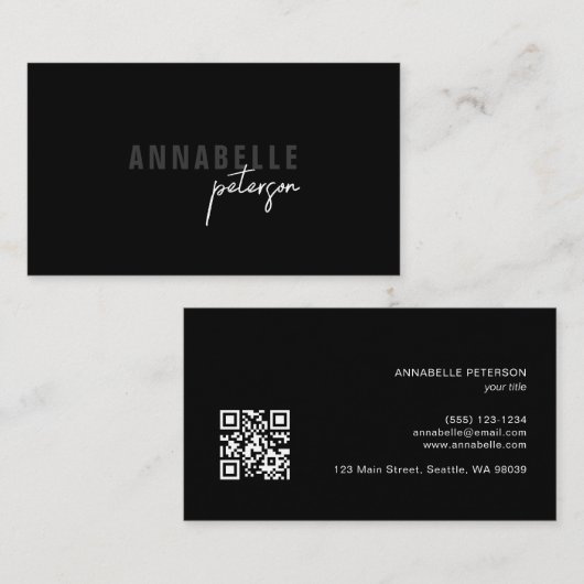 Carte De Visite Code QR noir chic professionnel avec écriture mini (Devant / Derrière)