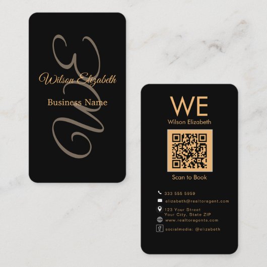 Carte De Visite Code QR noir élégant et moderne avec monogramme (Devant / Derrière)