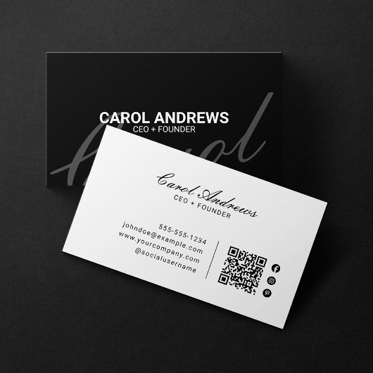 Carte De Visite Code QR noir et blanc élégant et classique simple