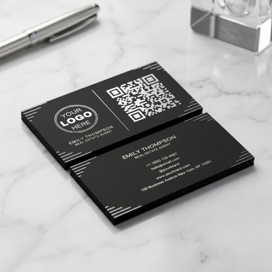 Carte De Visite Code QR noir et blanc moderne | Art déco de luxe
