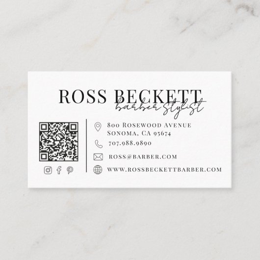 Carte De Visite Code QR noir et blanc moderne pour barbier (Devant)