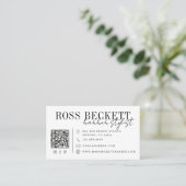 Carte De Visite Code QR noir et blanc moderne pour barbier coiffeu (Debout devant)