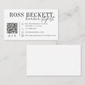 Carte De Visite Code QR noir et blanc moderne pour barbier coiffeu (Devant / Derrière)