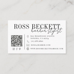 Carte De Visite Code QR noir et blanc moderne pour barbier coiffeu