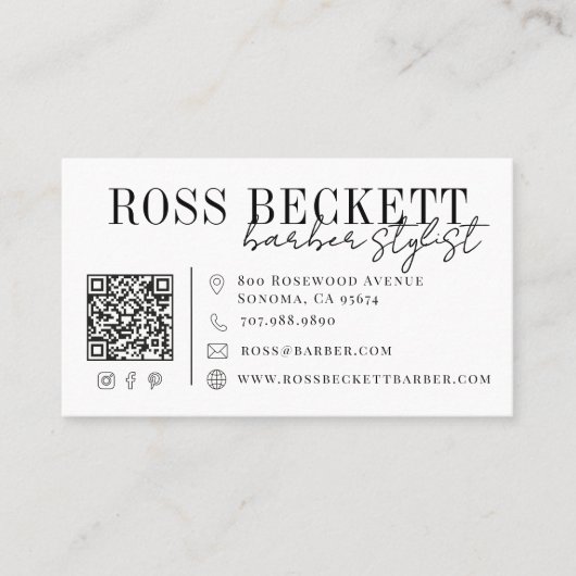 Carte De Visite Code QR noir et blanc moderne pour barbier coiffeu (Devant)