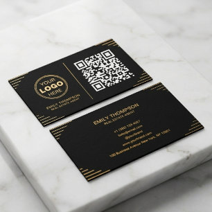 Carte De Visite Code QR noir et or moderne   Art déco de luxe