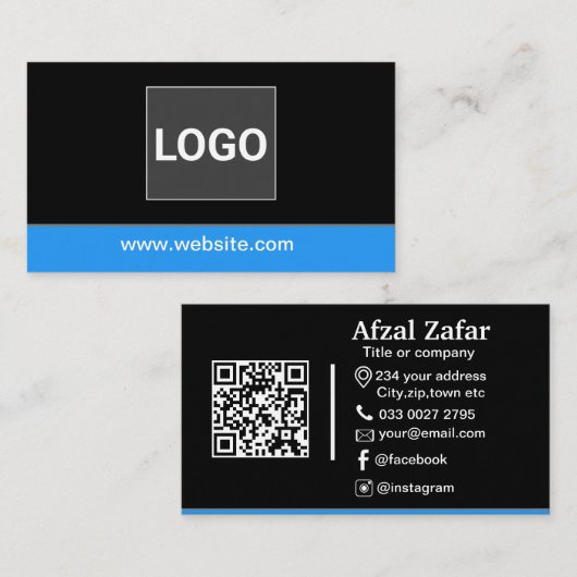 Carte De Visite Code qr noir moderne et logo d'entreprise (Devant / Derrière)