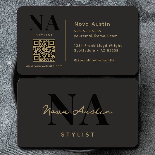 Carte De Visite Code QR noir or esthétique tendance luxe monogramm