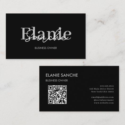 Carte De Visite Code QR noir tendance élégant moderne (Devant / Derrière)