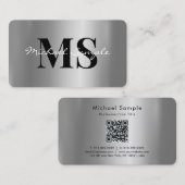 Carte De Visite Code QR Nom Calligraphie Script Luxe Argent (Devant / Derrière)