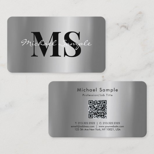 Carte De Visite Code QR Nom Calligraphie Script Luxe Argent (Devant / Derrière)