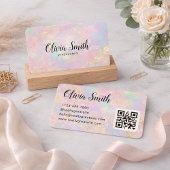 Carte De Visite Code QR Nom Script Marbre Pastel et Accents Dorés
