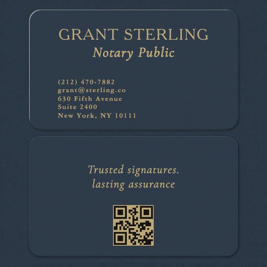 Carte De Visite Code QR Notaire Public Bleu Marine Or