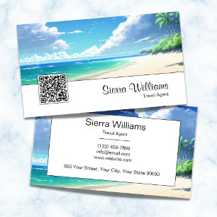 Carte De Visite Code QR Océan Aquarelle Tropical Voyage Blanc