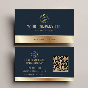Carte De Visite Code QR or bleu élégant du logo personnalisé