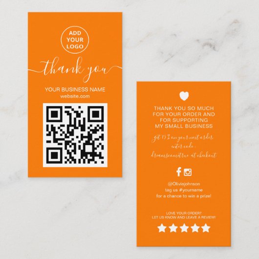 Carte De Visite Code QR Orange moderne Commandez merci (Devant / Derrière)