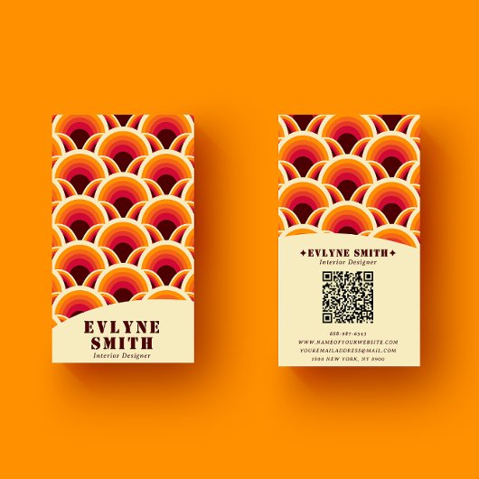 Carte De Visite Code QR orange Super rétro les années 70 Boho géom