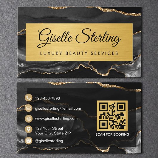 Carte De Visite Code QR Pailleté Agate Or Noir Luxe
