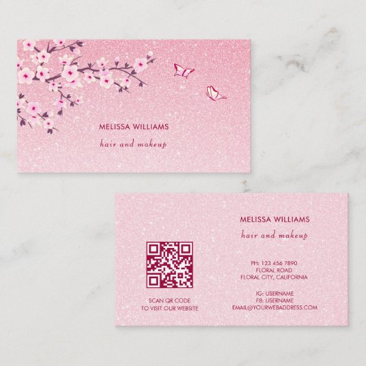 Carte De Visite Code QR Pailleté Fleur de Cerisier Rose (Devant / Derrière)