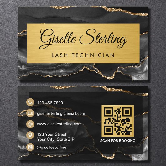 Carte De Visite Code QR Pailleté Technicien de Cils en Agate Or No
